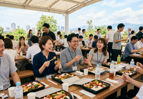 屋外でお弁当を楽しむ社員