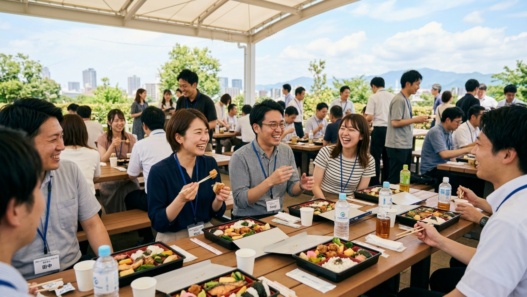 屋外でお弁当を楽しむ社員