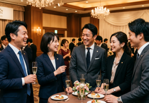祝賀会で談笑する様子