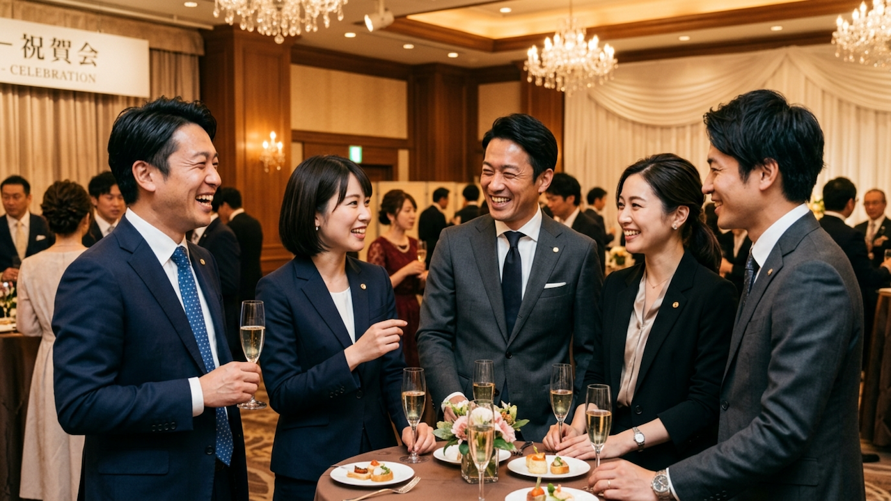 祝賀会で談笑する参加者