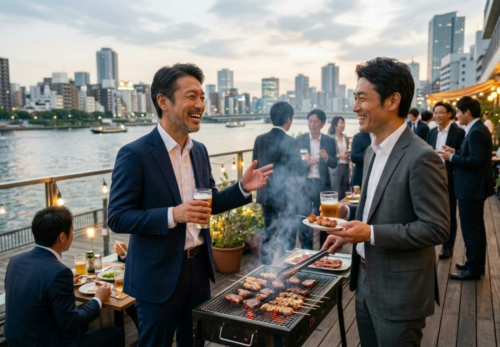 川沿いでBBQ