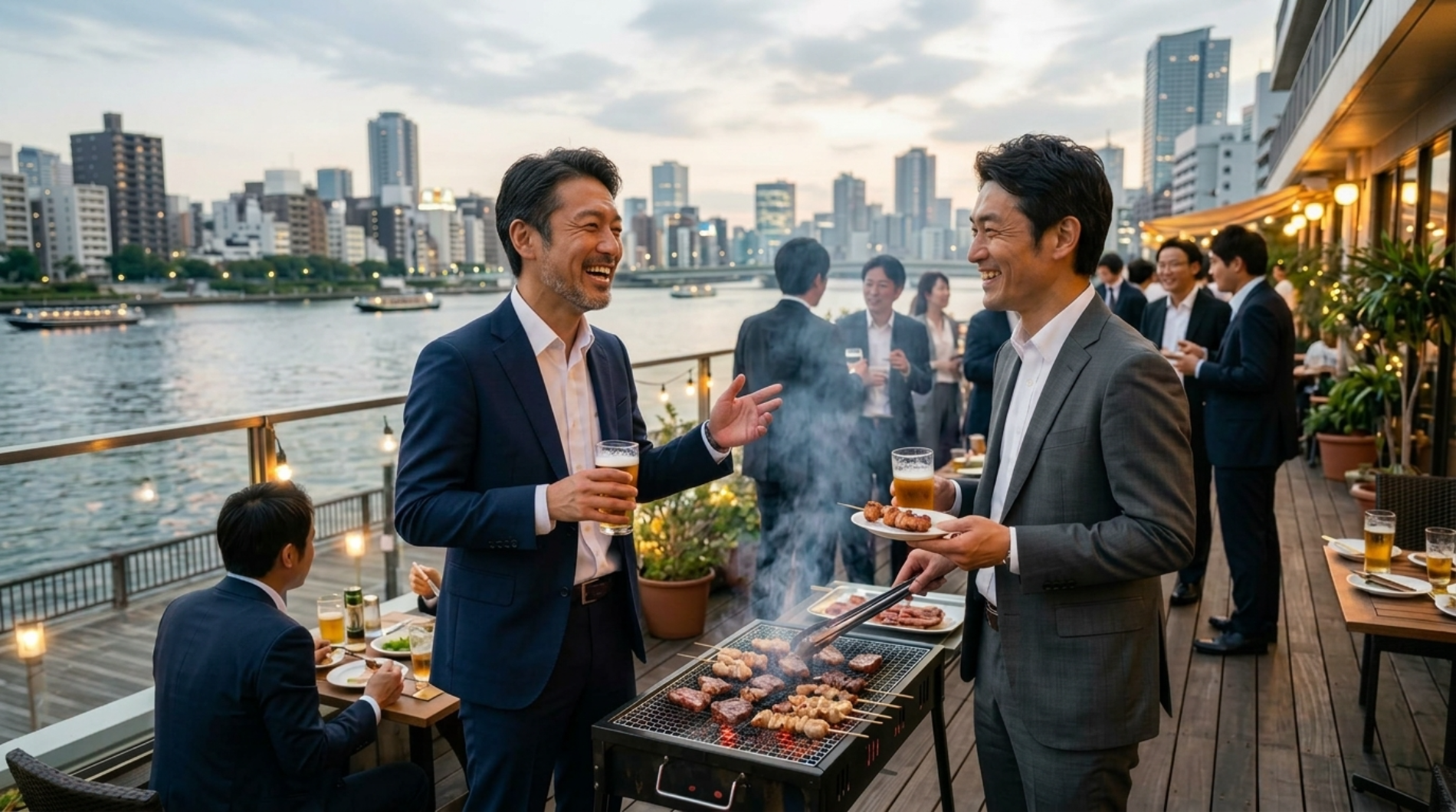 川沿いでBBQ